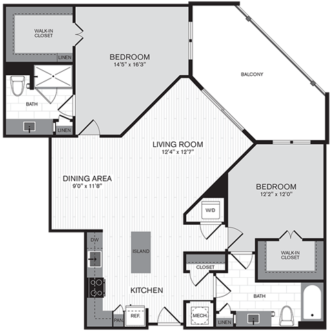 Floor plan for 2 beds, 2 baths, 1231 sqft