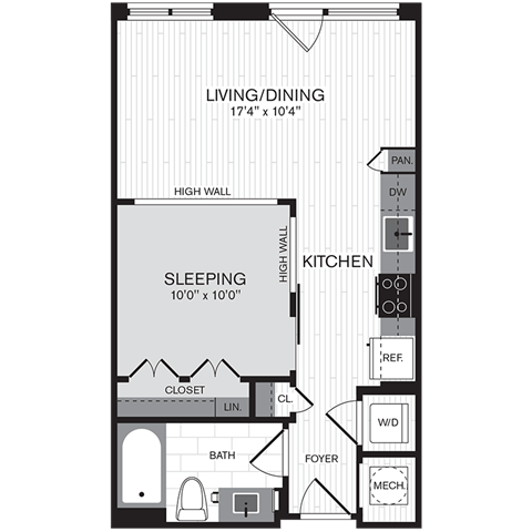 Floor plan for studio, 1 bath, 538 sqft