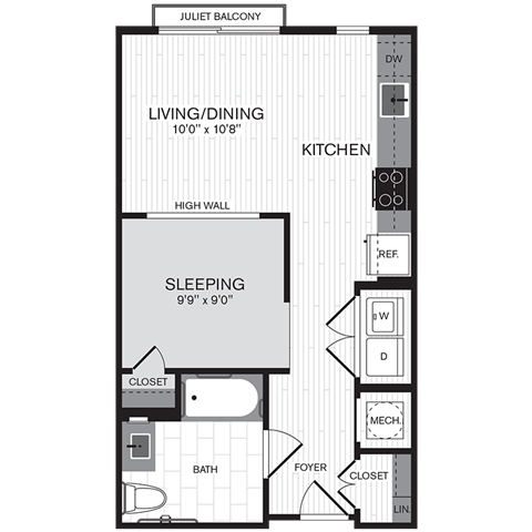 Floor plan for studio, 1 bath, 538 sqft