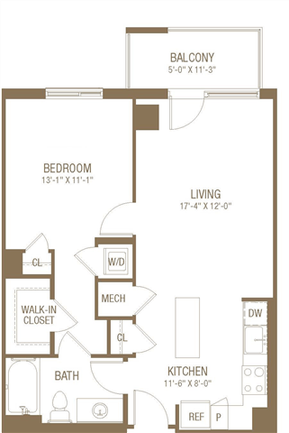 Floor plan for 1 bed, 1 bath, 707 sqft