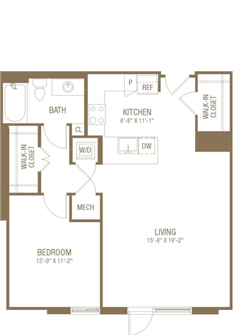 Floor plan for 1 bed, 1 bath, 720 sqft