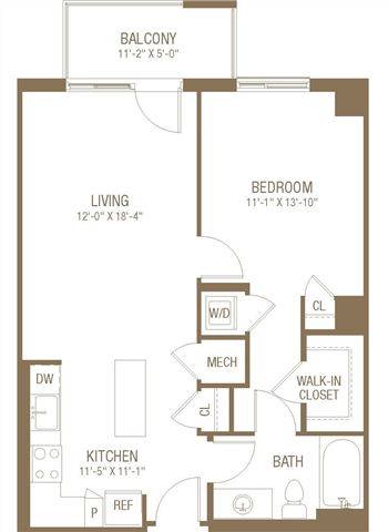 Floor plan for 1 bed, 1 bath, 731 sqft