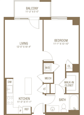 Floor plan for 1 bed, 1 bath, 731 sqft