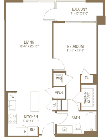 Floor plan for 1 bed, 1 bath, 775 sqft