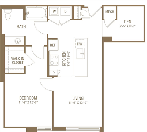 Floor plan for 1 bed, 1 bath, 786 sqft