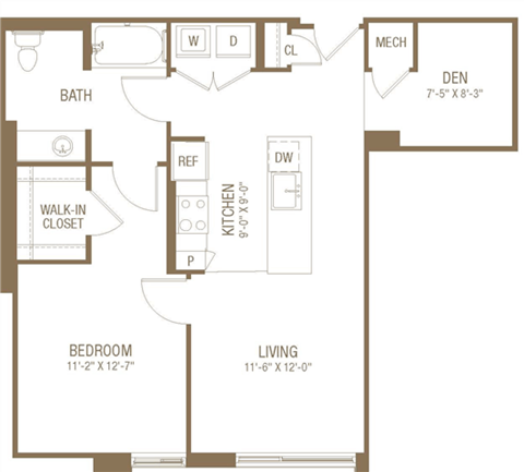 Floor plan for 1 bed, 1 bath, 786 sqft
