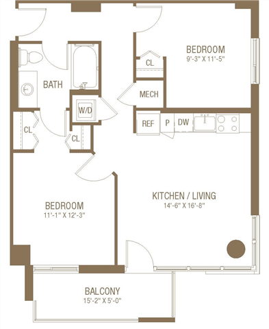 Floor plan for 2 beds, 1 bath, 794 sqft