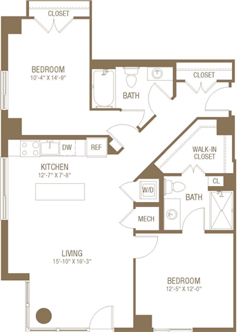 Floor plan for 2 beds, 2 baths, 1078 sqft
