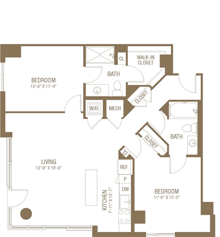 Floor plan for 2 beds, 2 baths, 1113 sqft