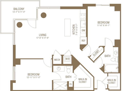 Floor plan for 2 beds, 2 baths, 1124 sqft