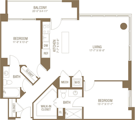 Floor plan for 2 beds, 2 baths, 1163 sqft