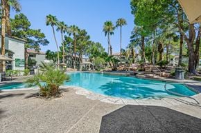 Las Vegas apartment for rent - A pool surrounded by palm trees and a small bush.