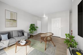 Las Vegas apartment for rent - A living room with a grey couch, a coffee table, a plant, and a rug.