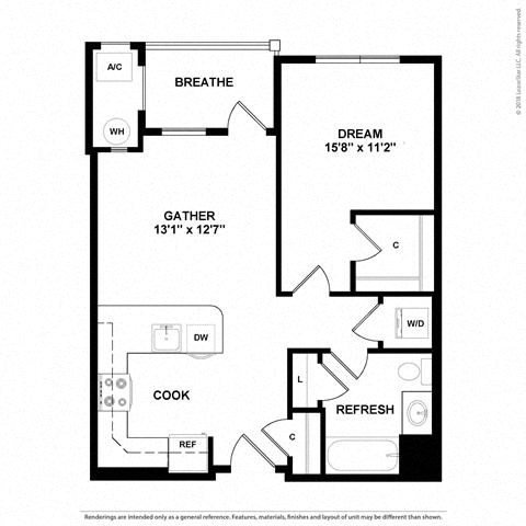 Floor plan for 1 bed, 1 bath, 688 sqft