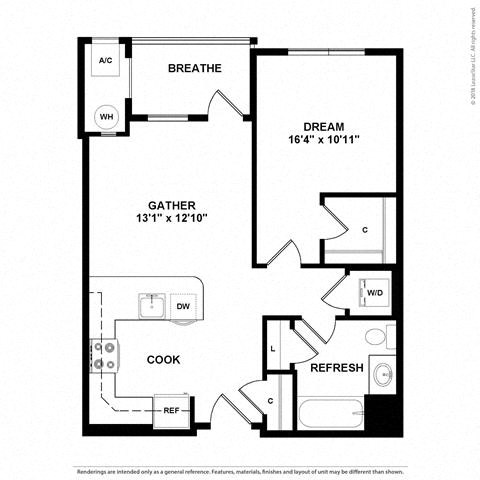Floor plan for 1 bed, 1 bath, 696 sqft