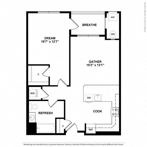 Floor plan for 1 bed, 1 bath, 773 sqft