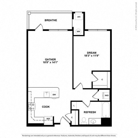 Floor plan for 1 bed, 1 bath, 841 sqft