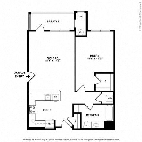 Floor plan for 1 bed, 1 bath, 841 sqft