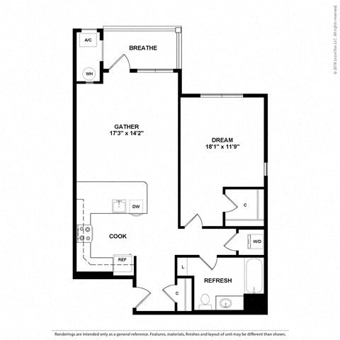 Floor plan for 1 bed, 1 bath, 866 sqft