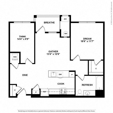 Floor plan for 1 bed, 1 bath, 891 sqft