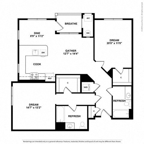 Floor plan for 2 beds, 2 baths, 1209 sqft