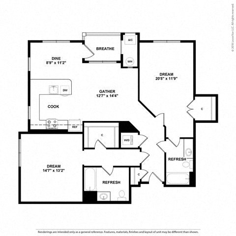 Floor plan for 2 beds, 2 baths, 1238 sqft