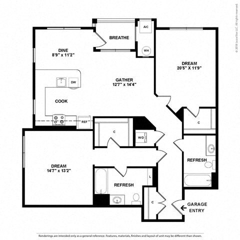 Floor plan for 2 beds, 2 baths, 1259 sqft