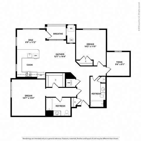 Floor plan for 2 beds, 2 baths, 1305 sqft