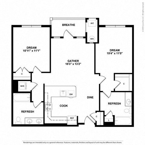 Floor plan for 2 beds, 2 baths, 1078 sqft