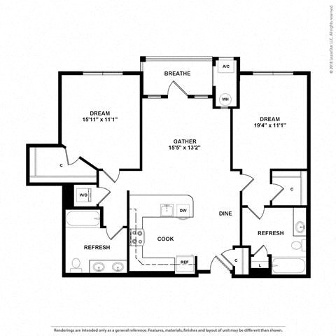 Floor plan for 2 beds, 2 baths, 1102 sqft