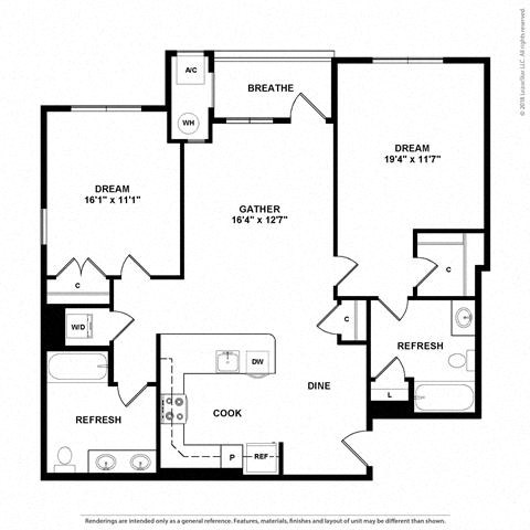 Floor plan for 2 beds, 2 baths, 1145 sqft