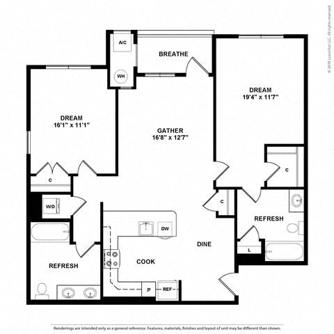 Floor plan for 2 beds, 2 baths, 1147 sqft