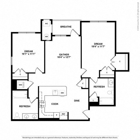 Floor plan for 2 beds, 2 baths, 1177 sqft