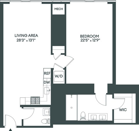Floor plan for 1 bed, 1.5 baths, 1134 sqft