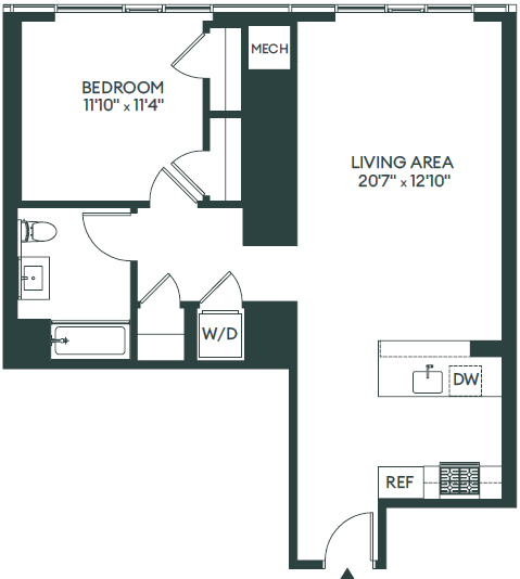 Floor plan for 1 bed, 1 bath, 868 sqft