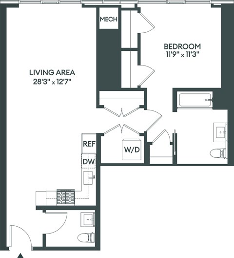 Floor plan for 1 bed, 1.5 baths, 875 sqft