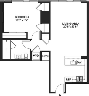 Floor plan for 1 bed, 1 bath, 908 sqft