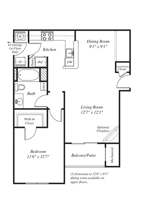 Floor plan for 1 bed, 1 bath, 787 sqft