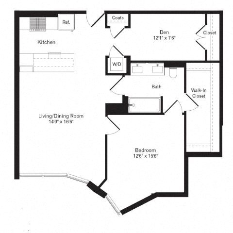 Floor plan for 1 bed, 1 bath, 910 sqft