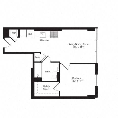 Floor plan for 1 bed, 1 bath, 618 sqft