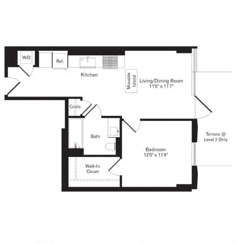 Floor plan for 1 bed, 1 bath, 618 sqft