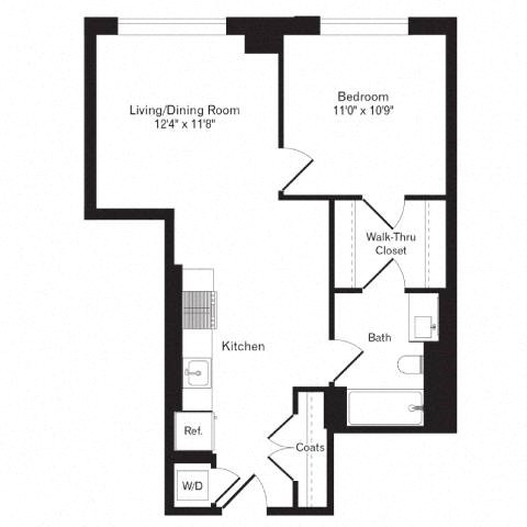 Floor plan for 1 bed, 1 bath, 637 sqft