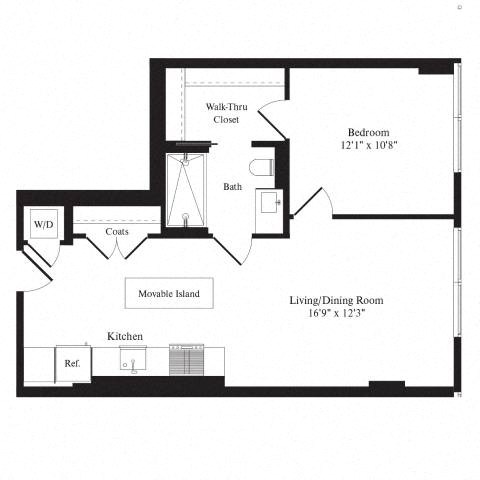 Floor plan for 1 bed, 1 bath, 664 sqft