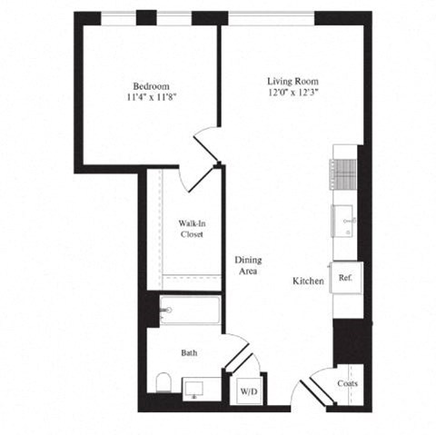 Floor plan for 1 bed, 1 bath, 681 sqft