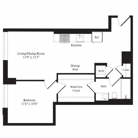 Floor plan for 1 bed, 1 bath, 688 sqft