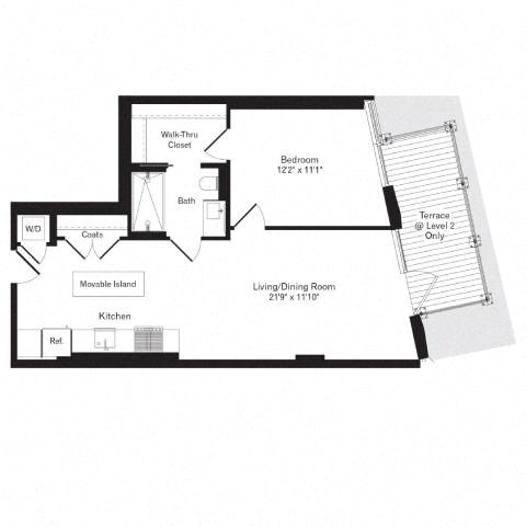 Floor plan for 1 bed, 1 bath, 725 sqft