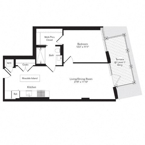 Floor plan for 1 bed, 1 bath, 725 sqft