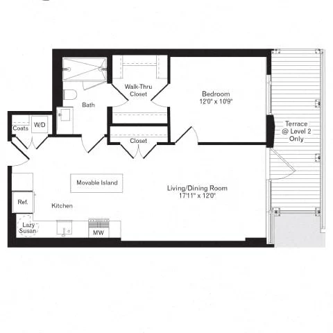 Floor plan for 1 bed, 1 bath, 729 sqft