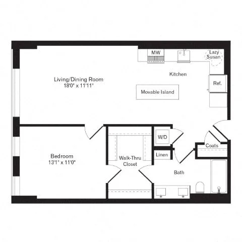 Floor plan for 1 bed, 1 bath, 772 sqft