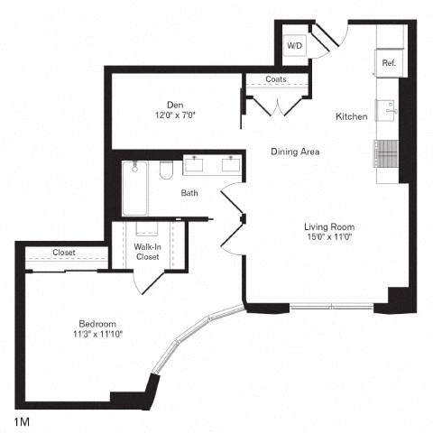 Floor plan for 1 bed, 1 bath, 837 sqft